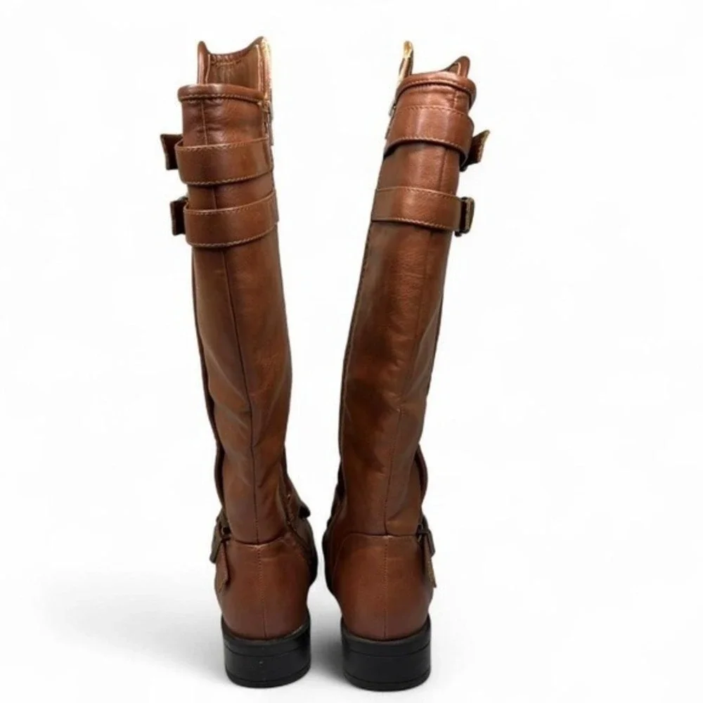 Jacobies Brown Faux Leather Knee High Boots Womens Sz 6.5 Buckle Side Zip Riding